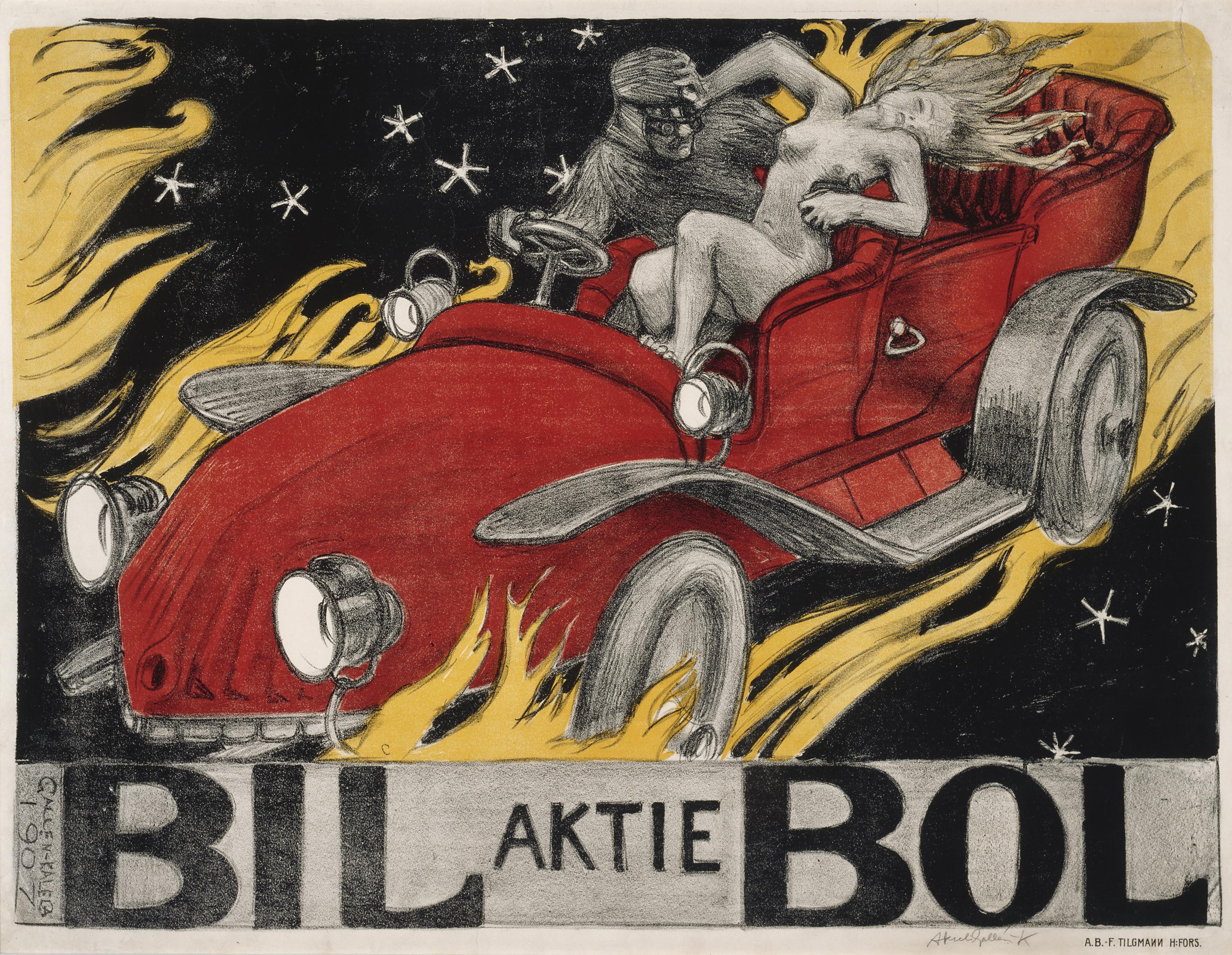 A Commercial Poster for Automobile Exhibition in Stockholm, Sweden, in 1907, by Finnish Painter Akseli Gallen-Kallela (1865-1931), Ordered by Car Retailer Yrjö Weilin, 87x114 cm, Litograph, the Finnish National Gallery.jpg