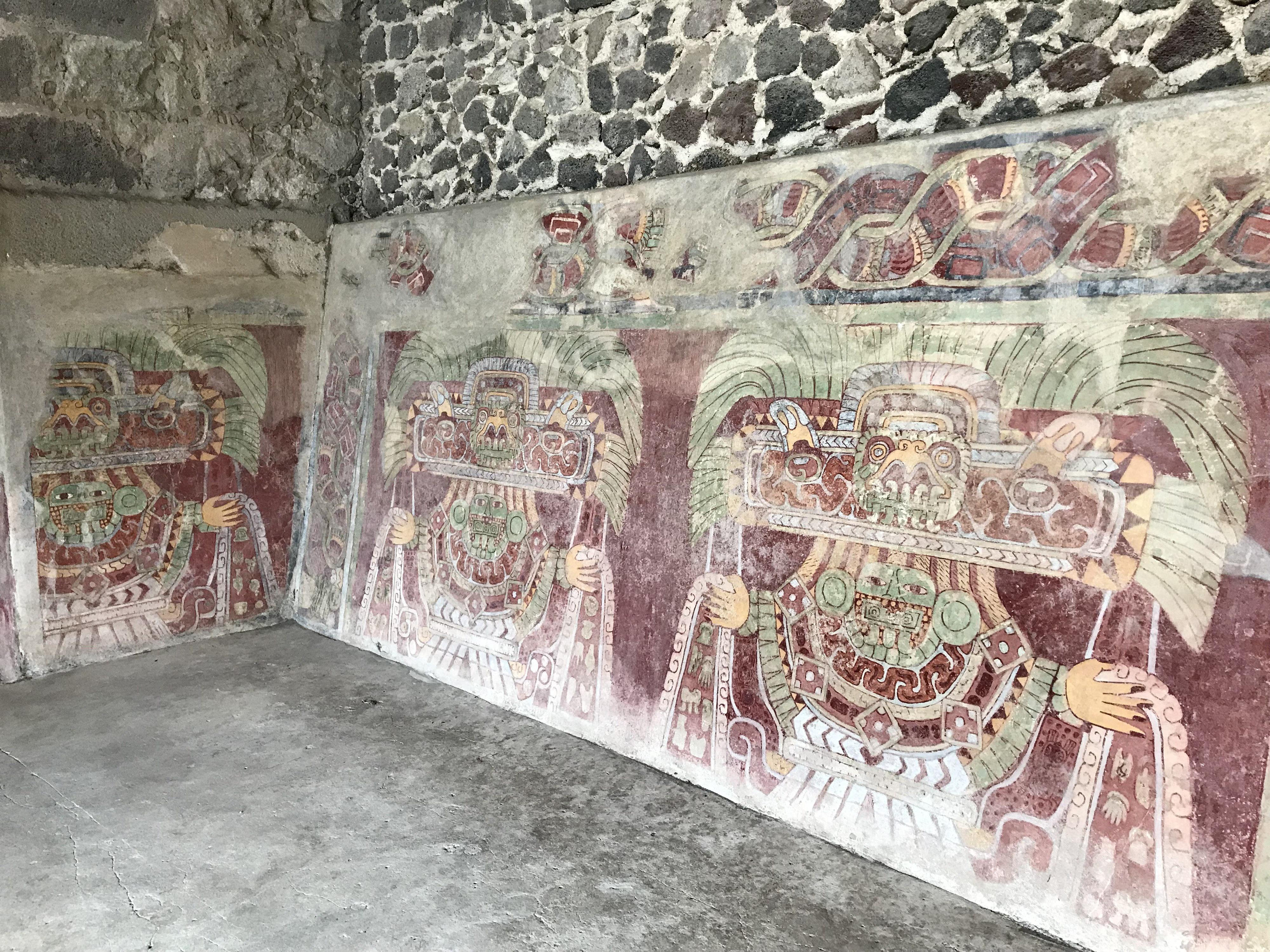 Mural from the Tetitla palace compound in Teotihuacan, Mexico depicting the Great Goddess of Teotihuacan. 1-550 CE.jpg