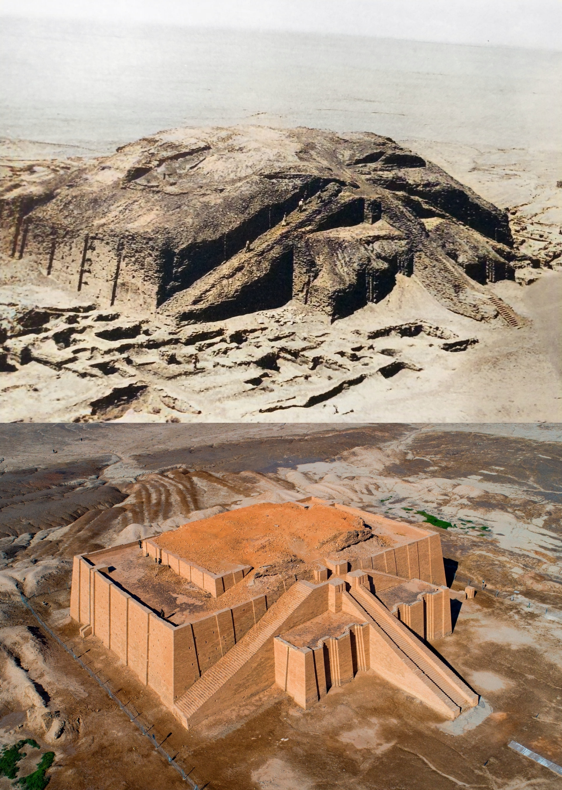 Before and after the excavation and restoration of the Great Ziggurat of Ur, built 4000 years ago by King Ur-Nammu of the Neo-Sumerian Empire, in dedication to the Moon God, Nanna.JPG