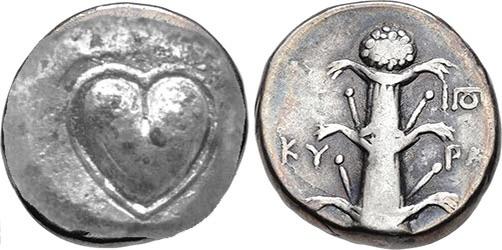 6-5th century BCE silver coin from the Greek city of Cyrene depicting a heart shaped seed of silphium.jpg