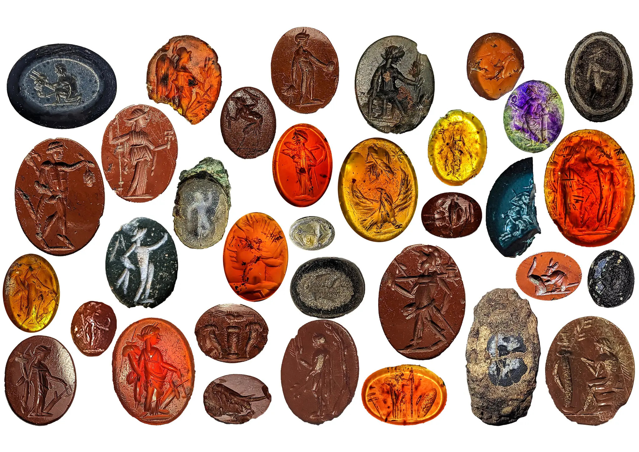 Intaglios - engraved semiprecious stones - found in an ancient bathhouse drain at the site of a Roman fort in Carlisle, England.jpg