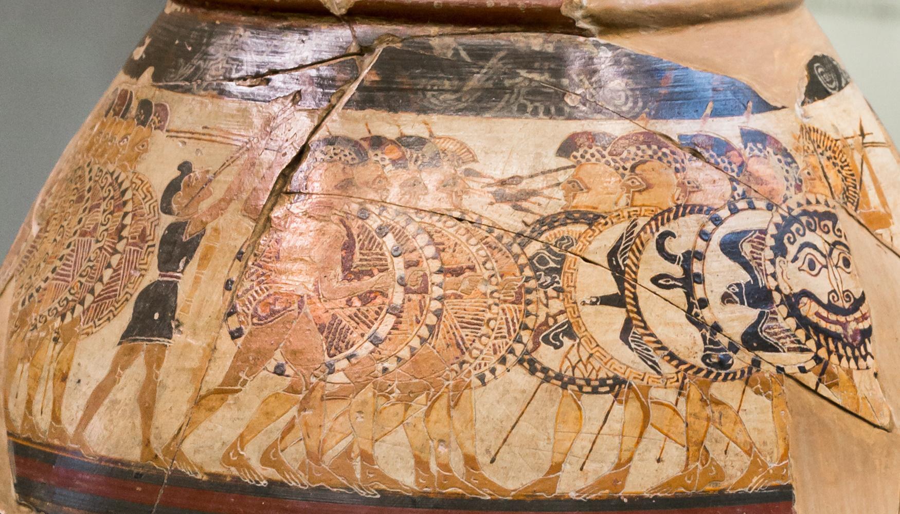 Chigi vase; detail of the upper part depicting foot-soldiers in combat. Proto-Corinthian olpe, found in an Etruscan tomb at Monte Aguzzo; 650–640 BCE. Villa Giulia Etruscan museum, inv. no.22679.jpg