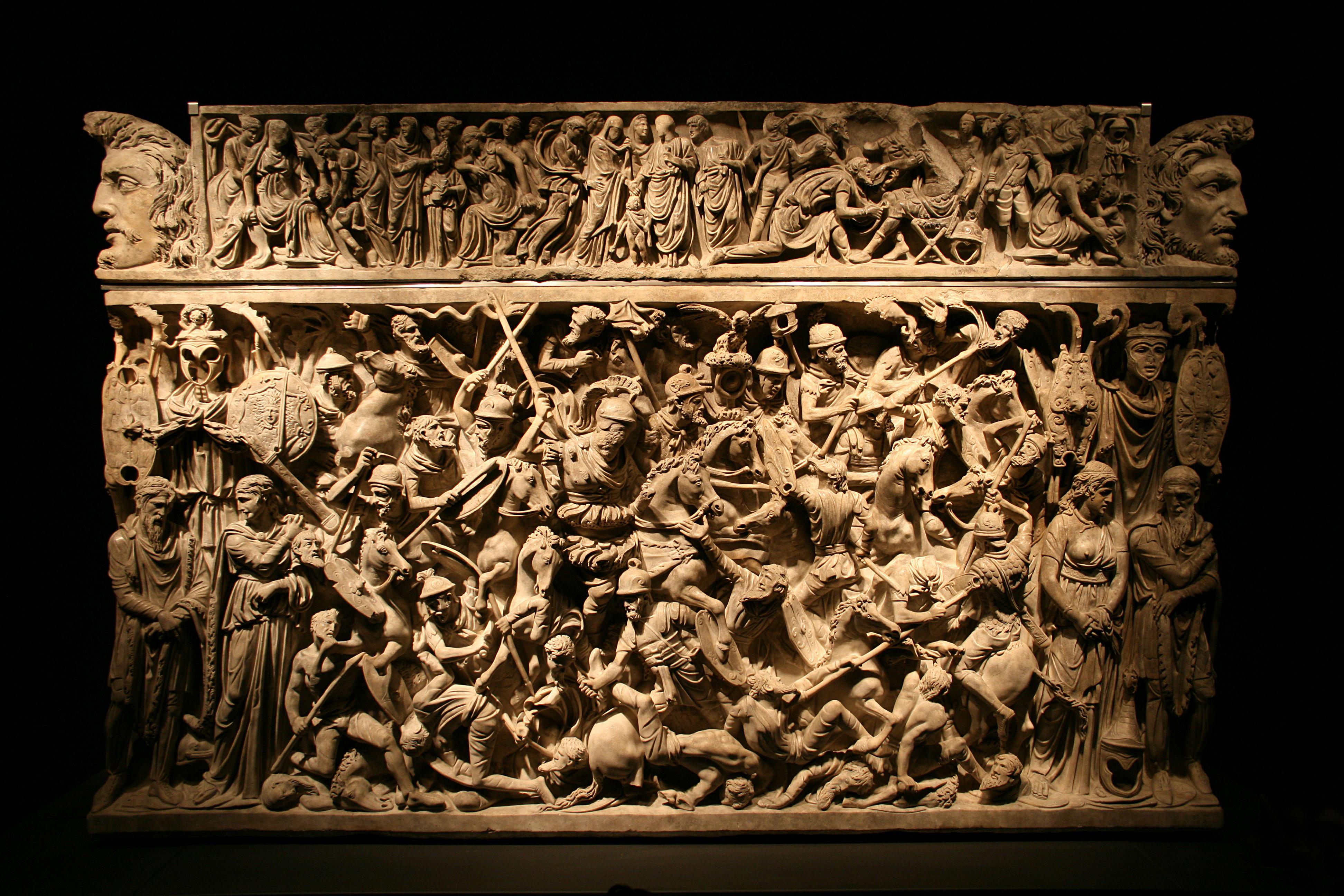 The Portonaccio sarcophagus, 180 AD. Most likely used to bury a Roman general killed in the 172–175 AD German-Sarmatic campaign.jpg