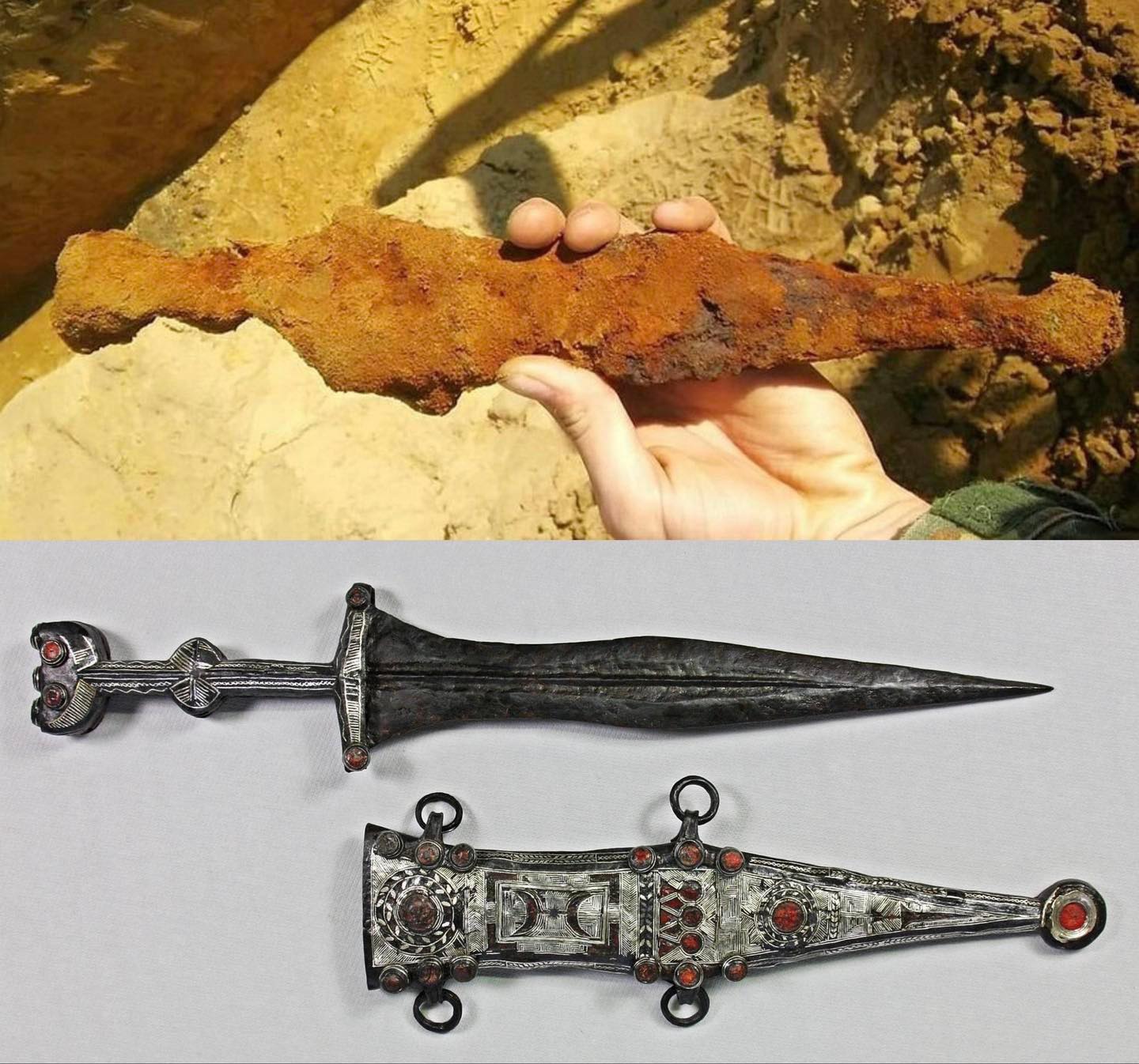 A 2000-year-old Roman silver dagger, that was discovered by an archeology intern in 2019 in Germany, before and after nine months of careful restoration work.jpg