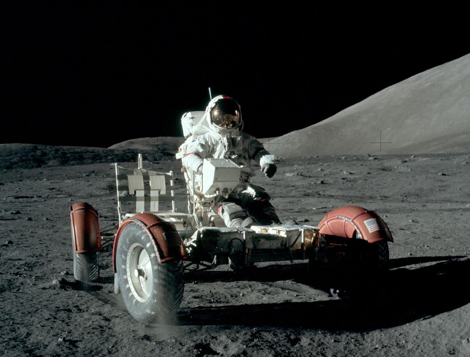 Gene Cernan's initial test drive on the Moon Buggy during the Apollo 17 mission. The vehicle was used for the last three Apollo Missions (15, 16, 17).jpg