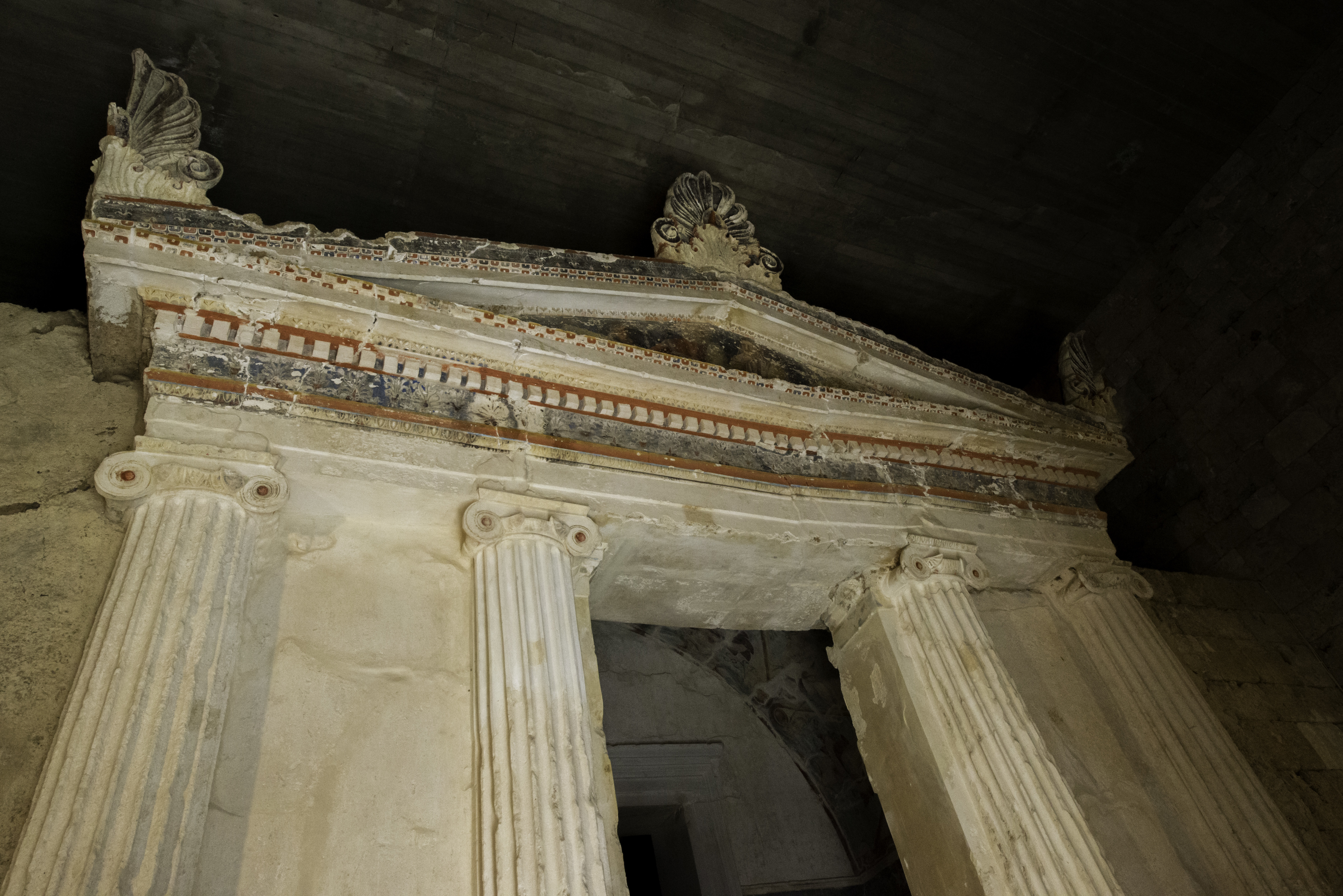 The Tomb of the Palmettes-(325–300 BC) Lefkadia, Macedonia, Greece. The likely occupants of the tomb were the couple that is painted in the pediment of the façade.jpg