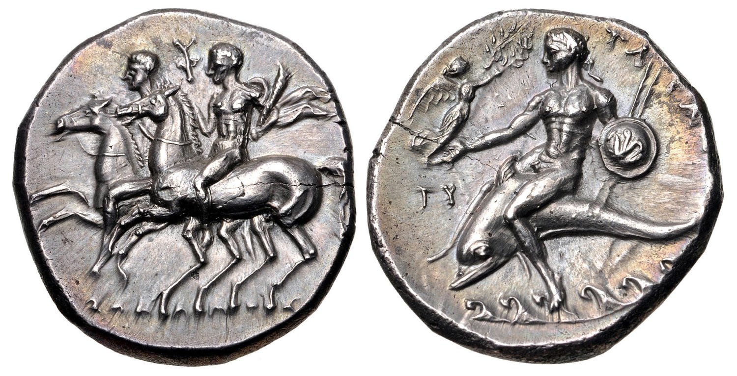 Silver nomos (didrachm) from Tarentum, circa 282-272 BC, left - Dioskouroi riding, right - Phalanthos (founder of Taranto).jpg