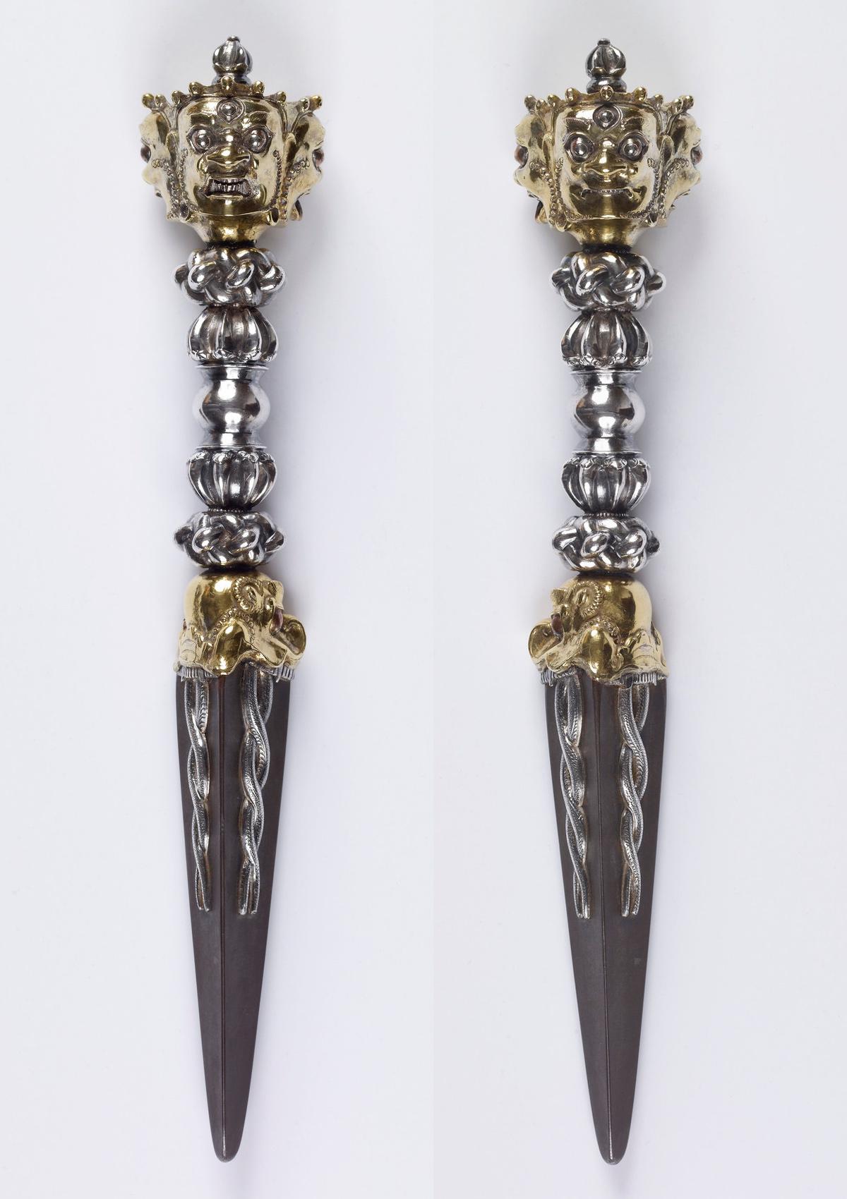 Steel ritual stake (phurba) with gold and silver highlights. Tibet, 16th century.jpg