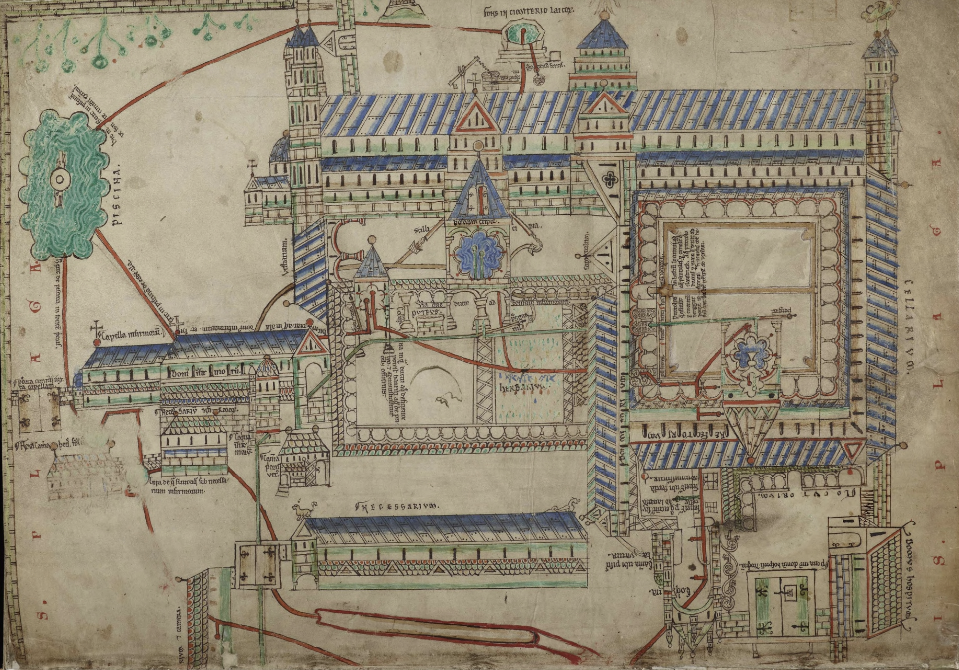 An 1165 plan of Prior Wibert's gravity fed waterworks at Canterbury Cathedral Priory. Mains supply pipes (green), feeder pipes (red) and stormwater drains (brown).png