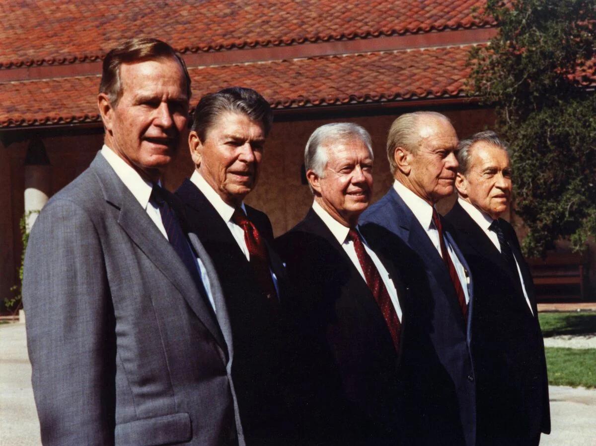President George HW Bush, former presidents Ronald Reagan, Jimmy Carter, Gerald Ford, and Richard Nixon on November 4, 1991. The first time in history five presidents had ever gathered together before.jpg