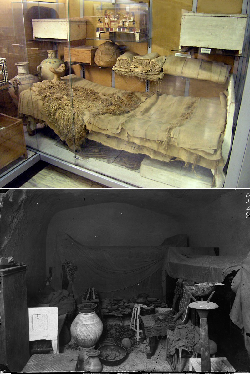 Furniture from the tomb of the ancient Egyptian foreman Kha and his wife Merit, and an old photo of the tomb as discovered in 1906. 14th century BCE.jpg
