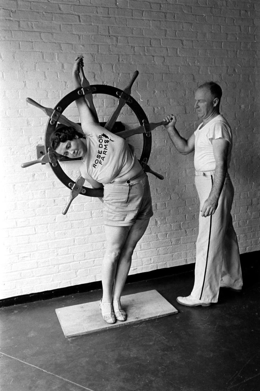 Women stretching at Rose Dor Farm, a weight loss camp near New York, in 1938.jpg