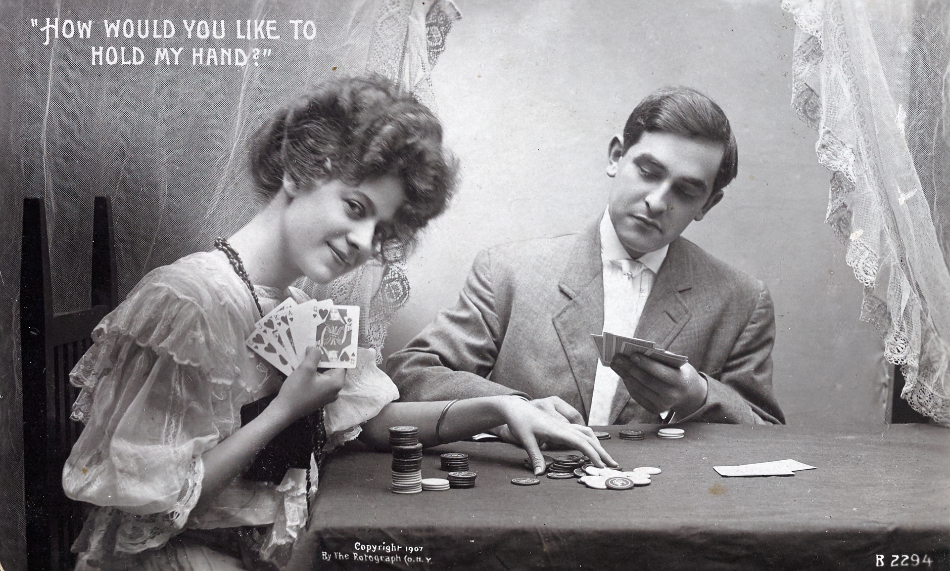 A 1907 postcard illustrating a man and woman playing poker.JPG