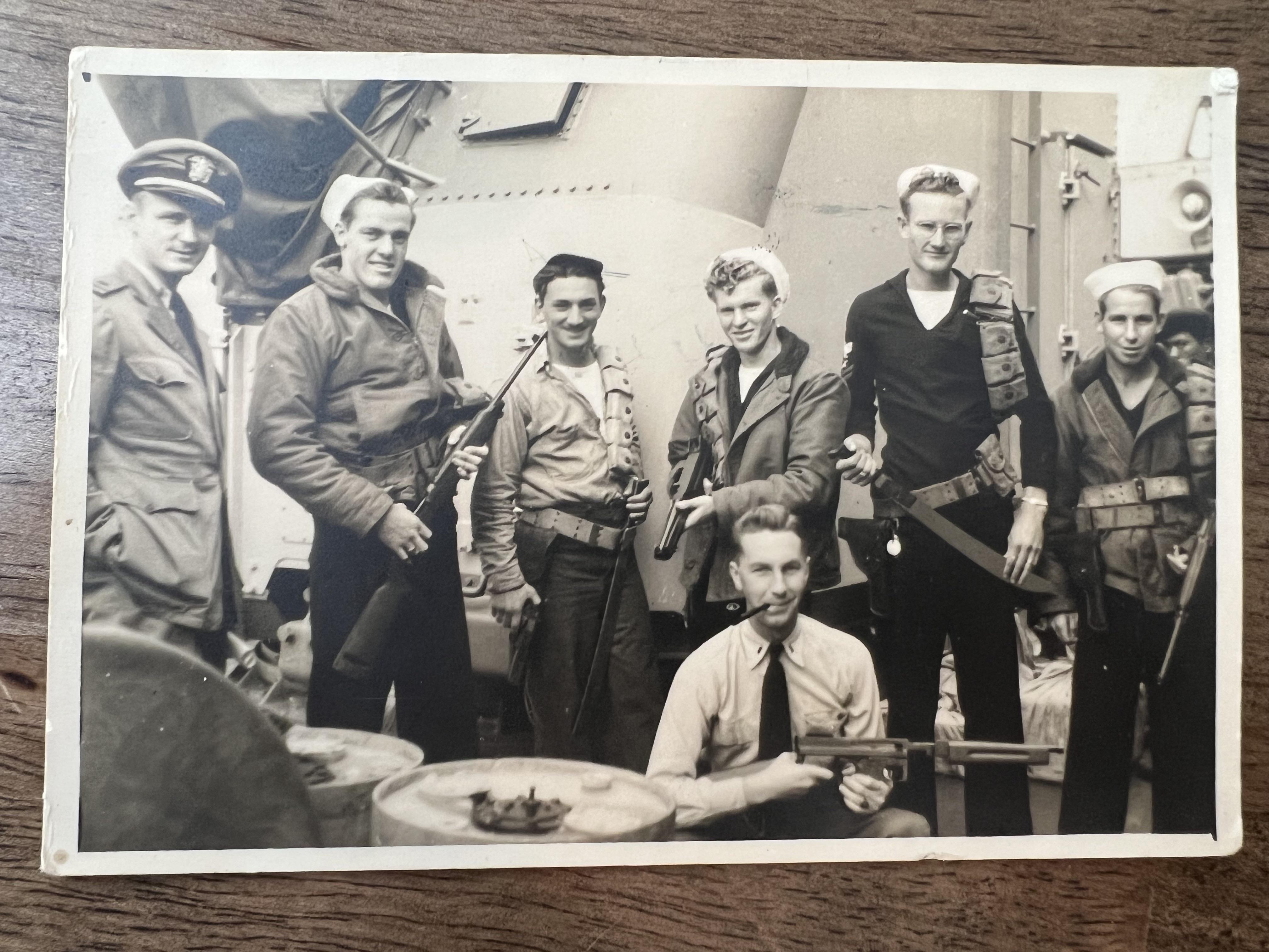 My grandfather aboard the destroyer-escort USS Kenneth M. Willett, 1945, South China Sea.jpg