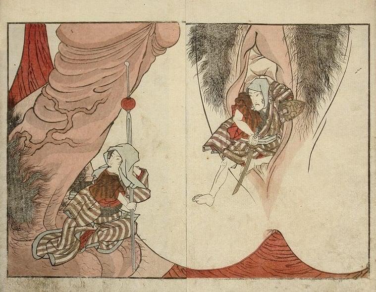 ‘Beanman and Beanwoman climbing genital mountains‘(c.1827) from the series ‘New Tale of the Welling Waters (Sentõ shinwa)‘ by Utagawa Kunisada (1786-1865).jpg
