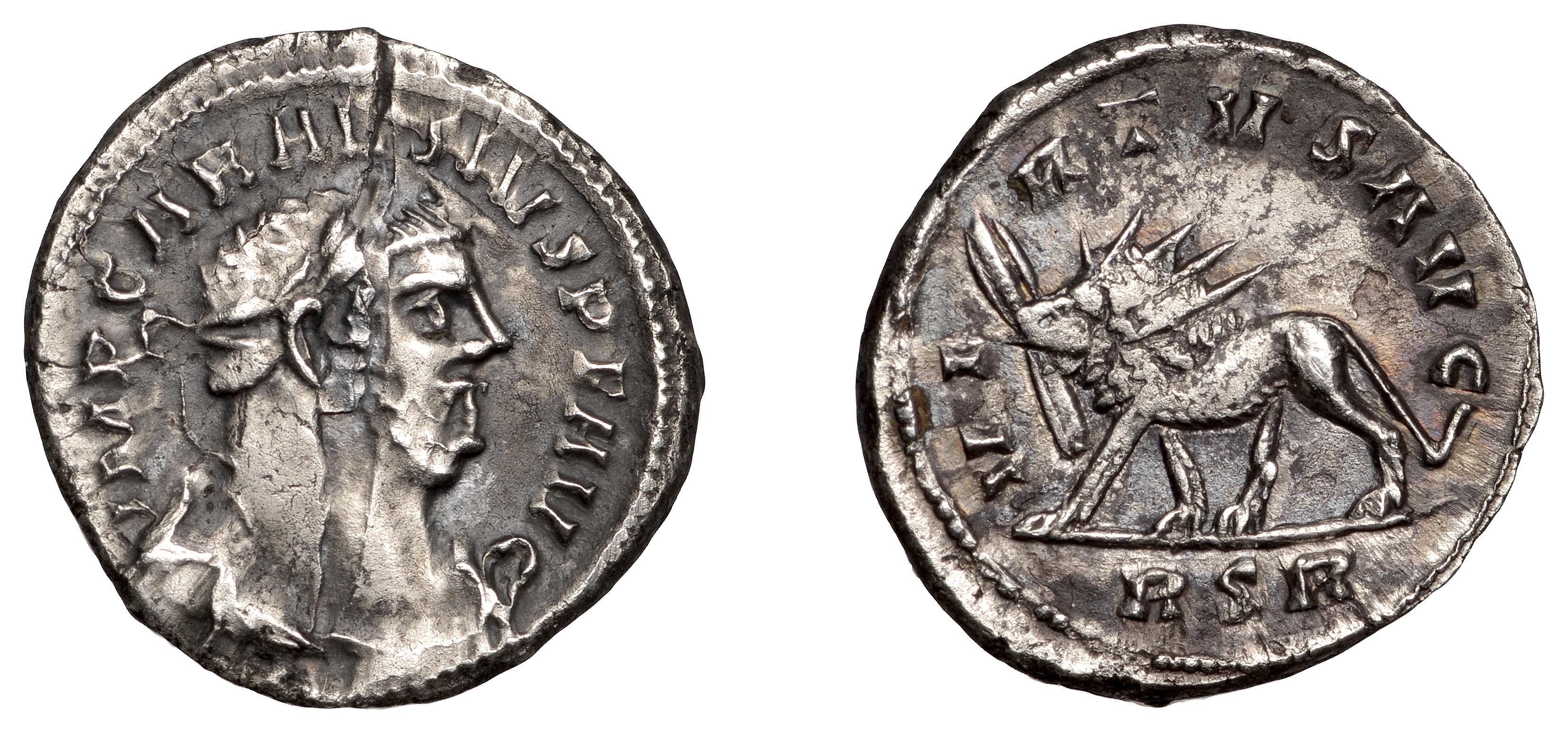 Denarius of usurper emperor of Britain, Carausius, RIC 591, reverse of lion wearing radiate crown with thunderbolt in mouth, RSR mintmark (286-293 AD).jpg