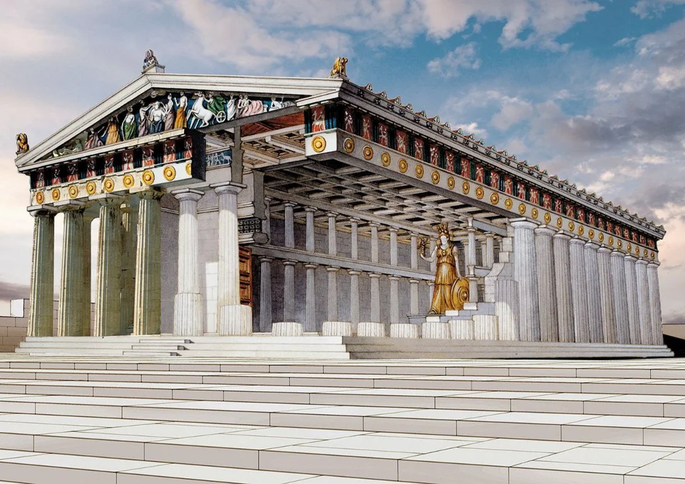 Reconstitution of the Parthenon, built in the 5th century BC on the Acropolis of Athens, Ancient Greece.png