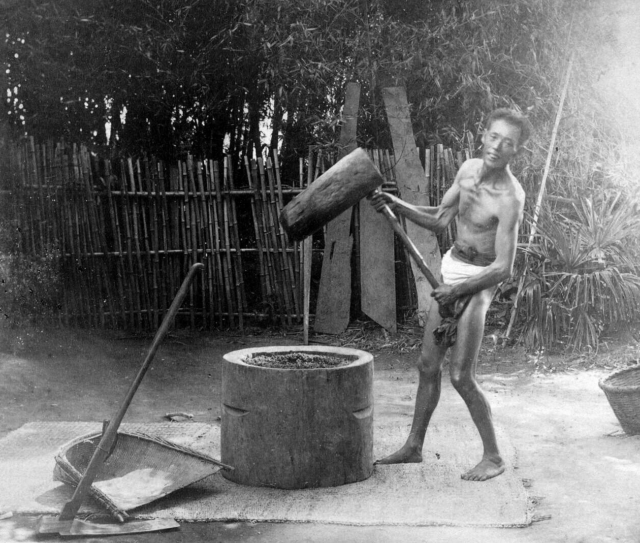 Farmer pounding rice with large pestle and mortar. Japan, around 1890.jpg