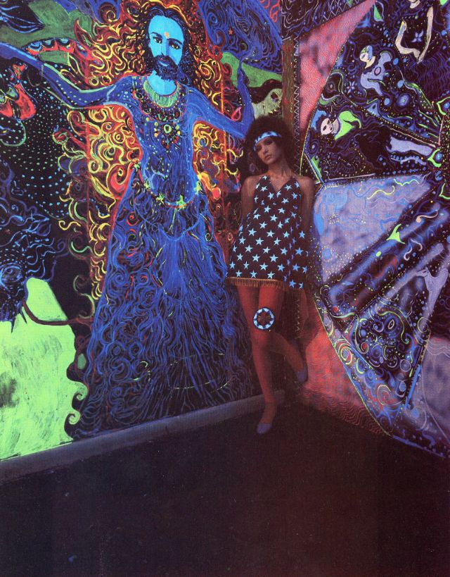 Cathee Dahmen wearing starprint-minidress in black-light room, photo by Milton Greene, 1960s.jpeg