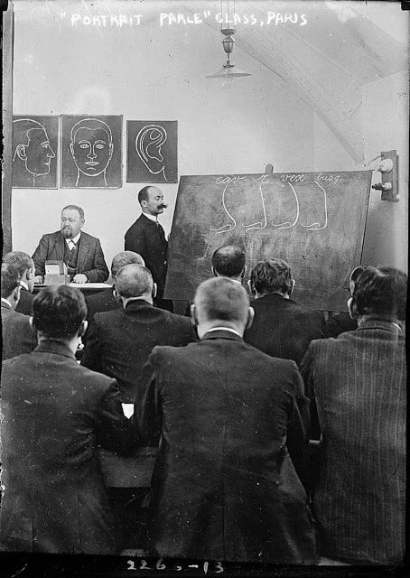 An anthropometry class learns about the different types of human noses, inspired by Aphonse Bertillon. Paris, France, ca. 1910s.jpg