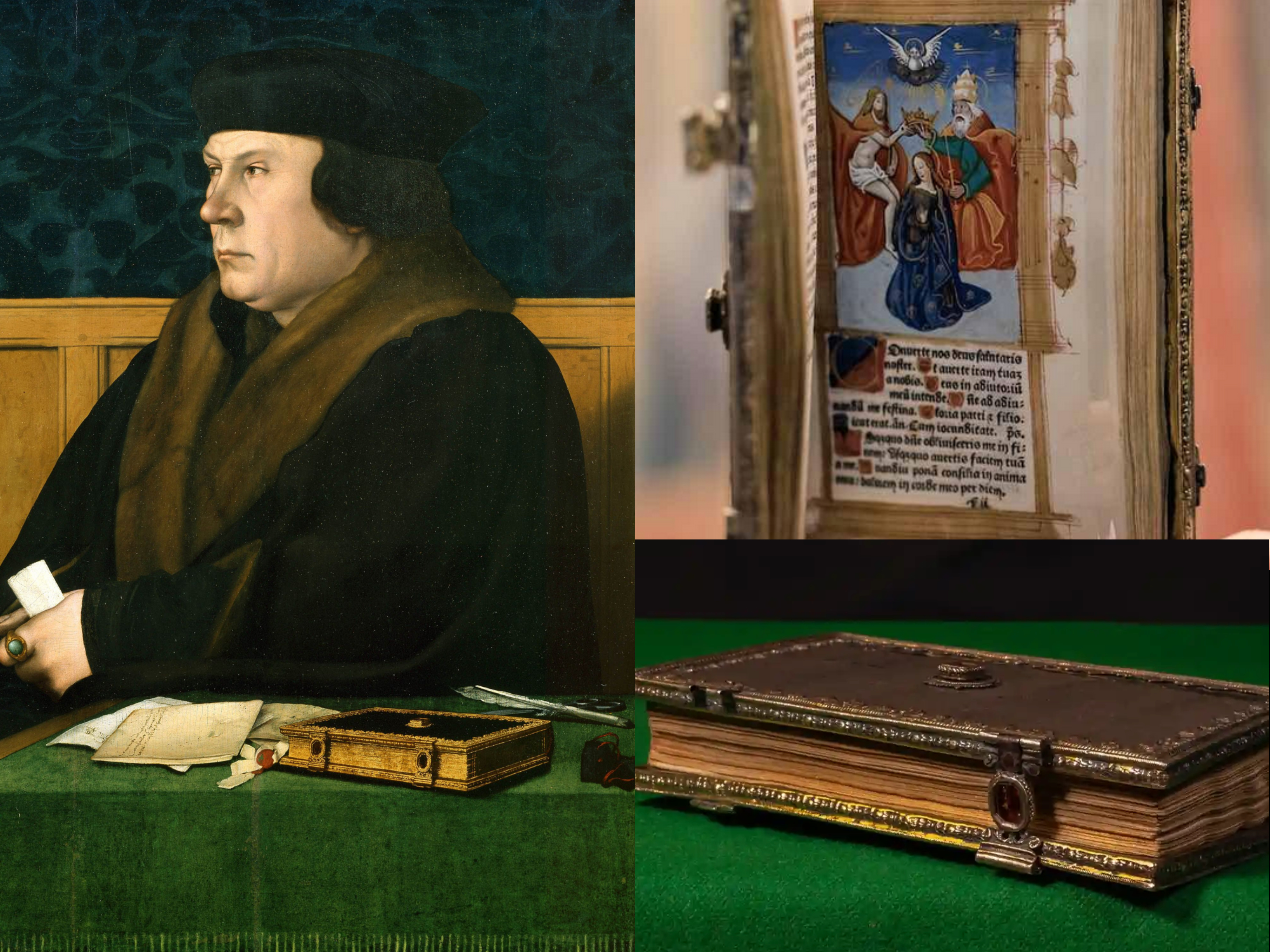 Thomas Cromwell's recently-discovered Book of Hours ca. 1527, shown in his famous portrait by Hans Holbein. The book is in the Library of Trinity College, Cambridge, where it has been since 1660.jpg