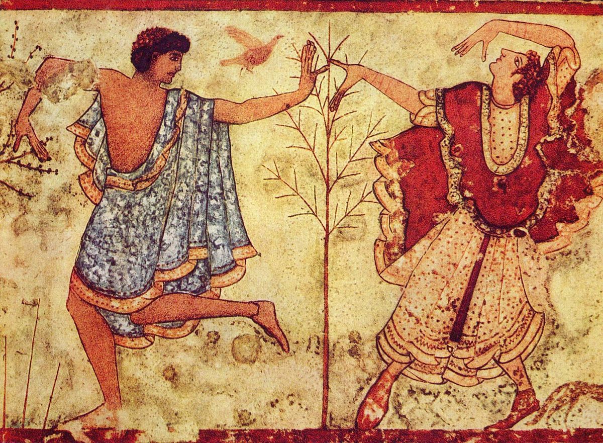 Etruscan wall painting of two dancers from the Tomb of the Triclinium, circa 470 BCE. Etruscan Museum of Tarquinia, Italy.jpg