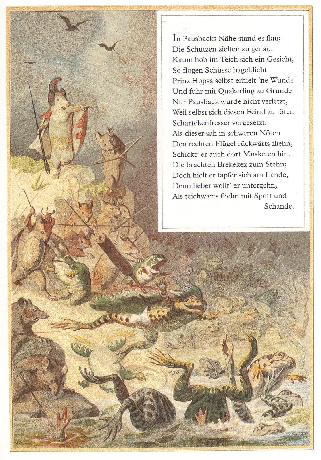 Illustration from an 1878 german edition of Batrachomyomachia (Battle of the Frogs and Mice). A parody of the Illiad and other Greek epics believed to have originally been written in around the 4th century BC.jpg