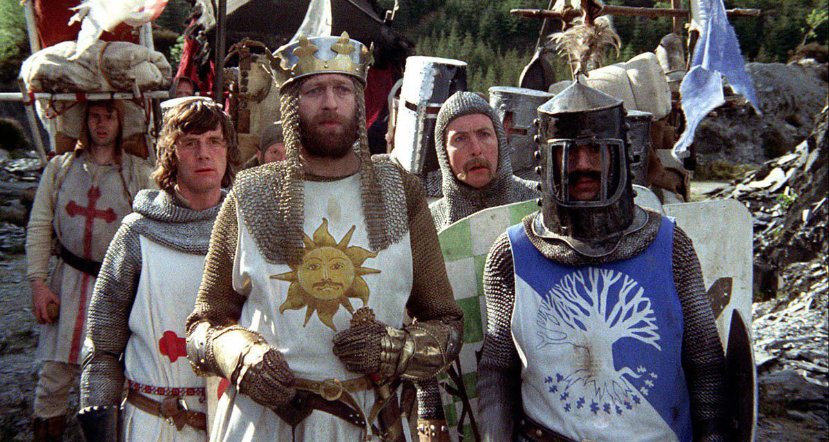 In Monty Python and the Holy Grail, King Arthur is the only one who wears real chain mail. All the other knights wear knitted yarn painted silver since the budget was so low.jpg