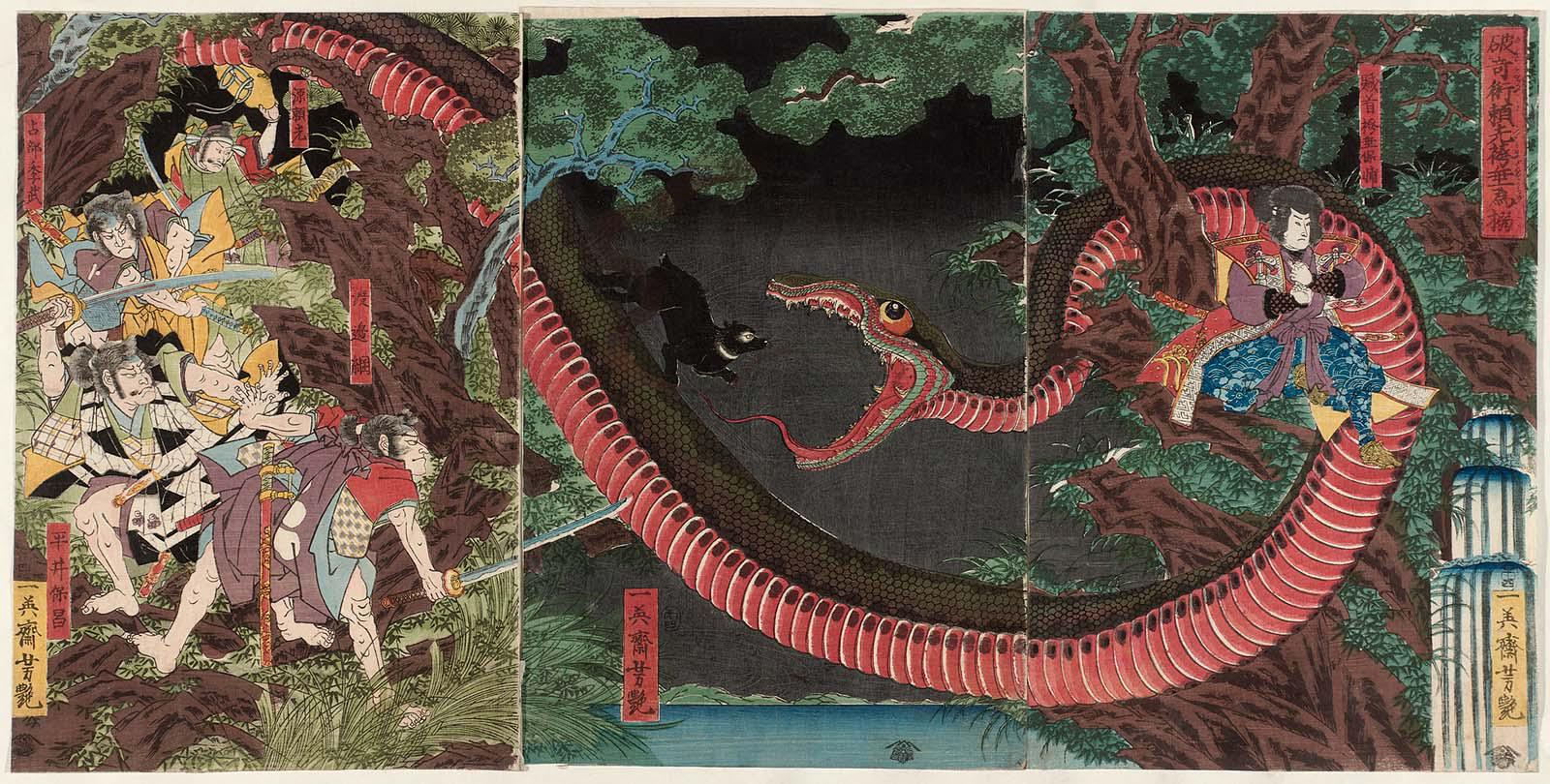 Yorimitsu Tries to Capture Hakamadare by Destroying His Magic, Utagawa Yoshitsuya, 1858.jpg
