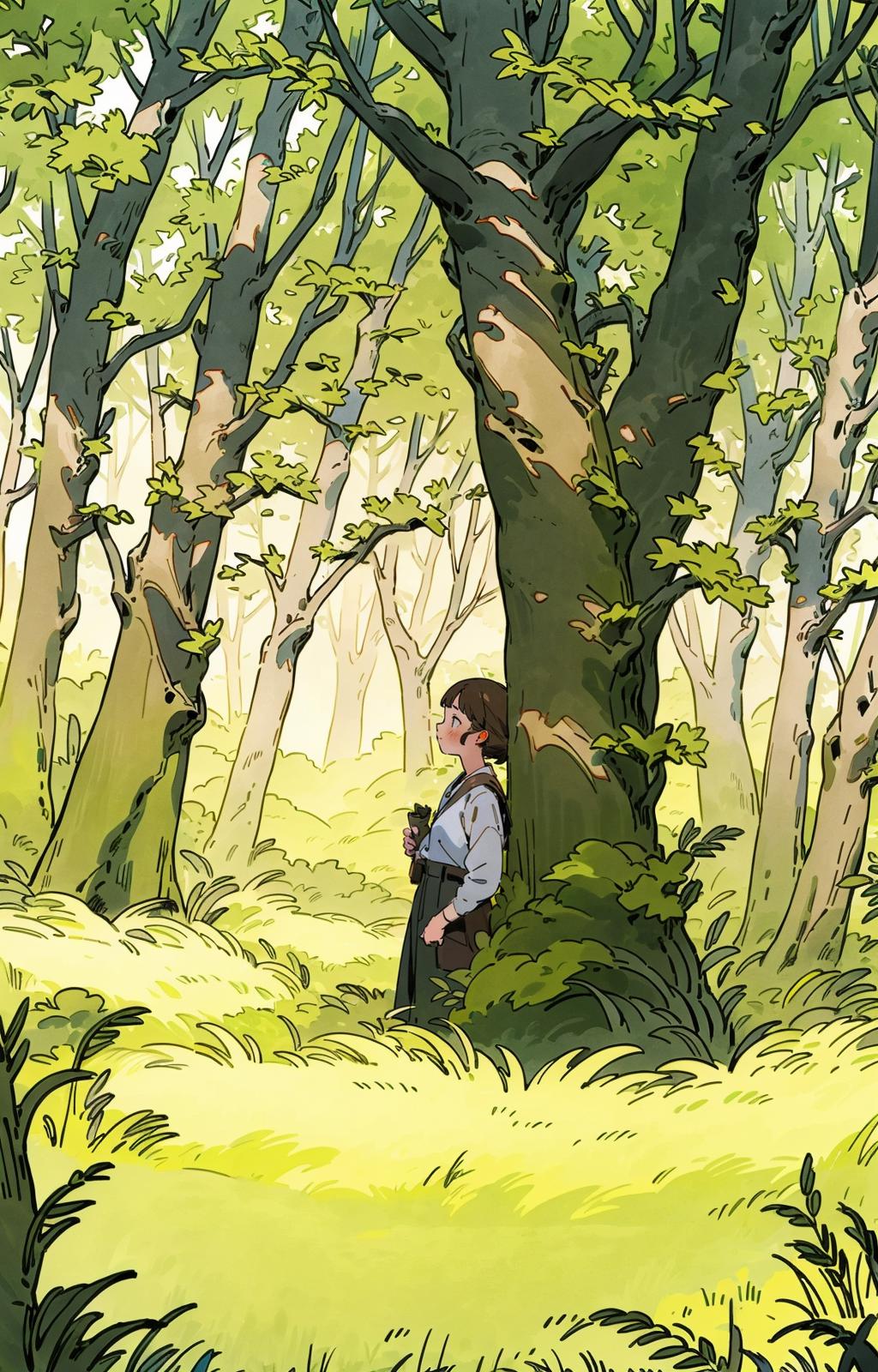 05299-3768939417-outdoors, nature, solo, 1girl, tree, grass, day, blush, forest, traditional media, brown hair _lora_line illustrationa_202309011.jpeg