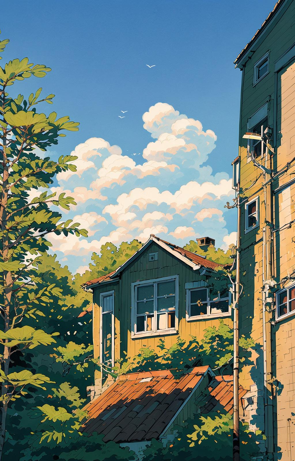 05231-2439969993-tree, no humans, scenery, outdoors, sky, cloud, building, sign, house, window, plant, cloudy sky, bush, sunset_lora_line illustr.jpeg