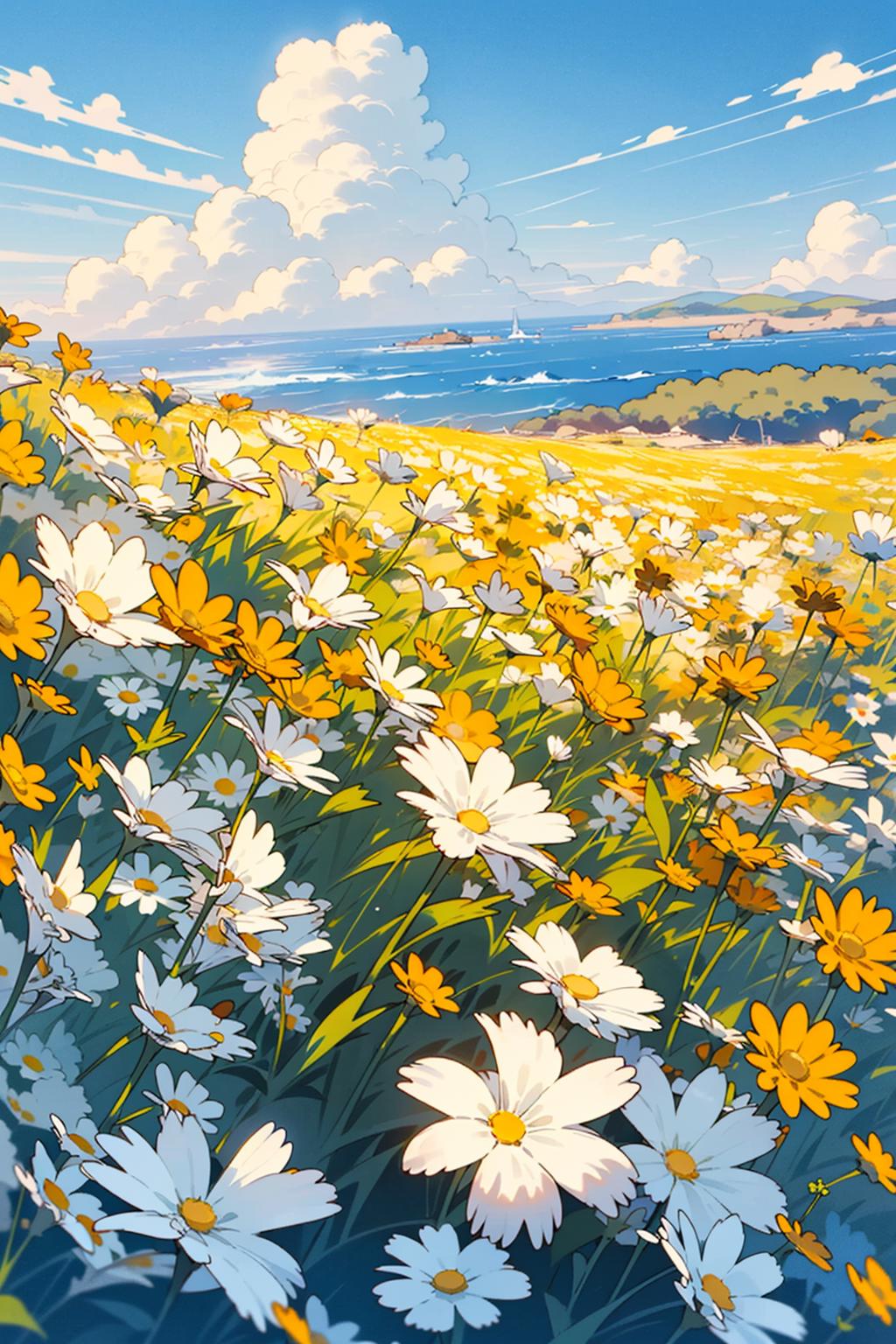 01155-707635858-no humans, outdoors, flower, scenery, field, sky, white flower, day, horizon, ocean, flower field, yellow flower, blue sky, dais.jpeg
