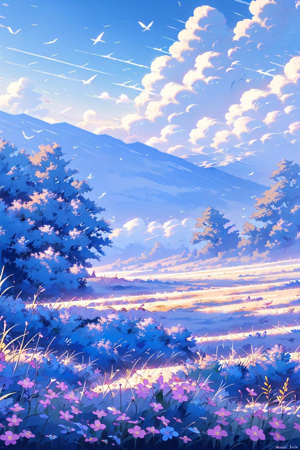 01170-3971351464-outdoors, scenery, no humans, day, sky, cloud, grass, flower, mountain, field, water, tree, landscape, blue sky, river, pink flo.jpeg