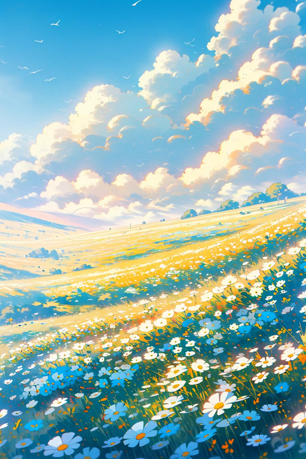 01236-1638329297-flower, outdoors, field, scenery, orange flower, tree, grass, building, flower field, sky, no humans.jpeg