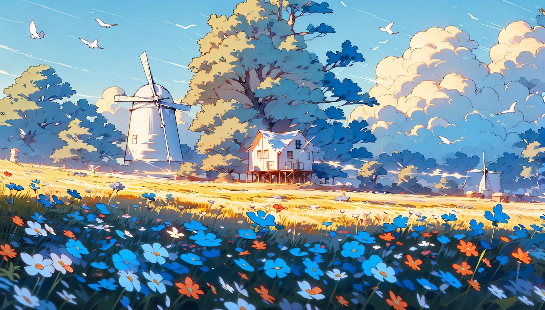 01319-3043302134-Tree House，A house in a giant tree with a windmill turning next to it  ,birds, grass, flowers, trees，wind, blue sky, clouds，Flow.jpeg