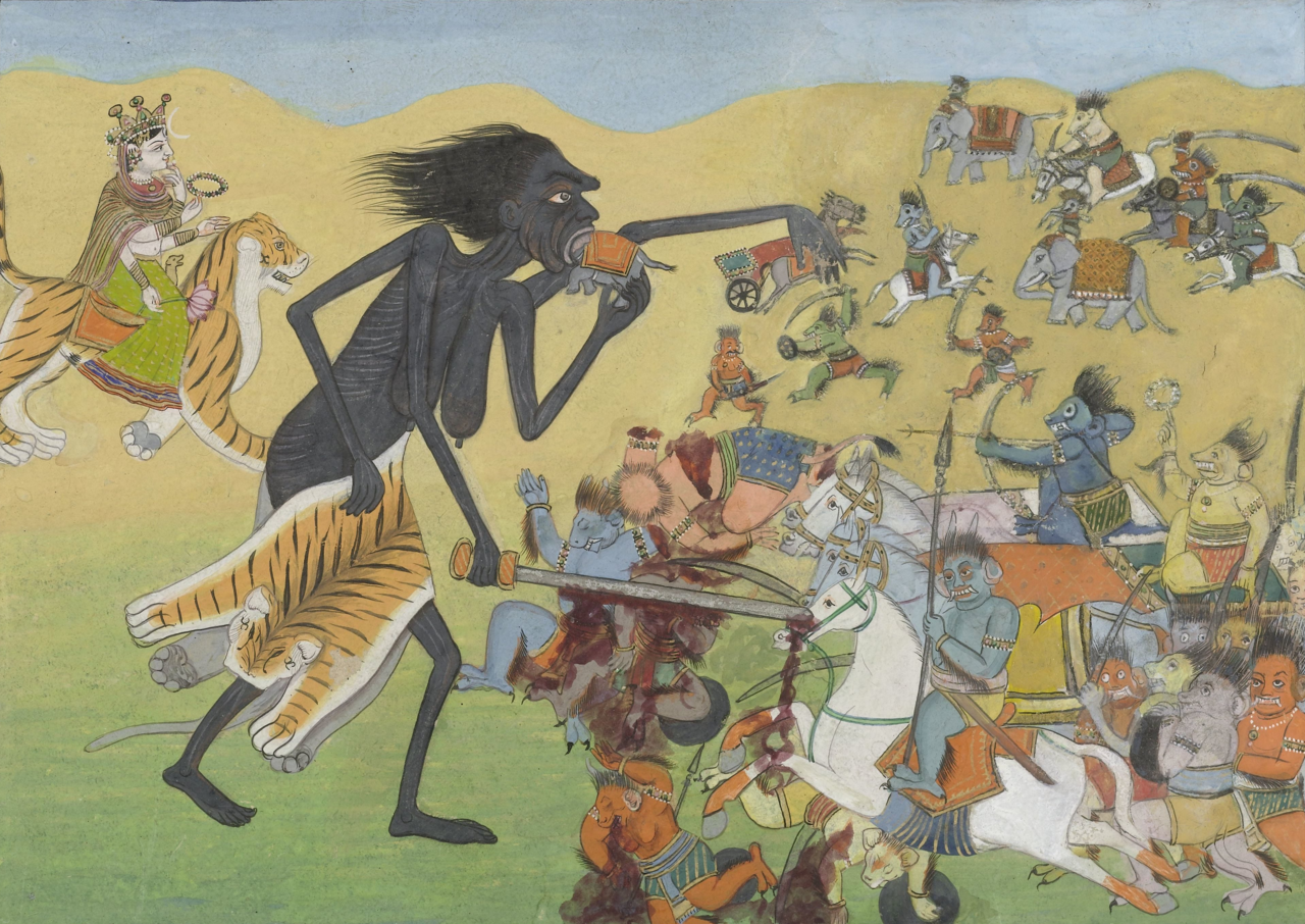 A Pahari depiction of Kali fighting Chanda and Munda. Kali Fights Demons Chanda and Munda. c. 1825–35, gouache on paper, Rijksmuseum.png