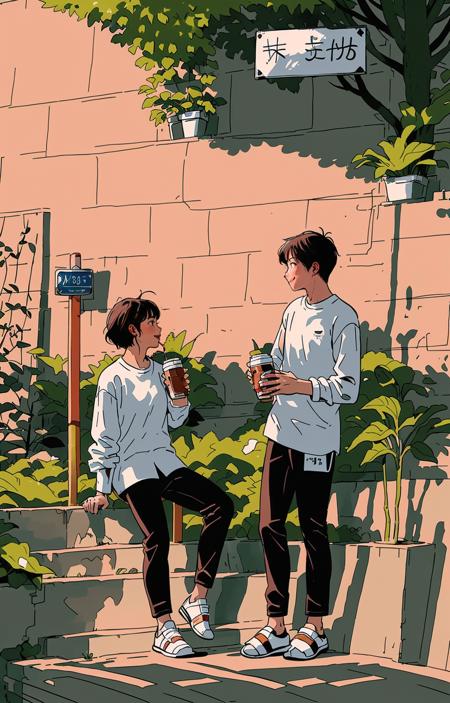 05237-413067413-pants, shirt, sign, tree, outdoor, holding, sitting, multiple girls, can, day, bush, white shirt, sandals, stairs, wide angle le.jpeg