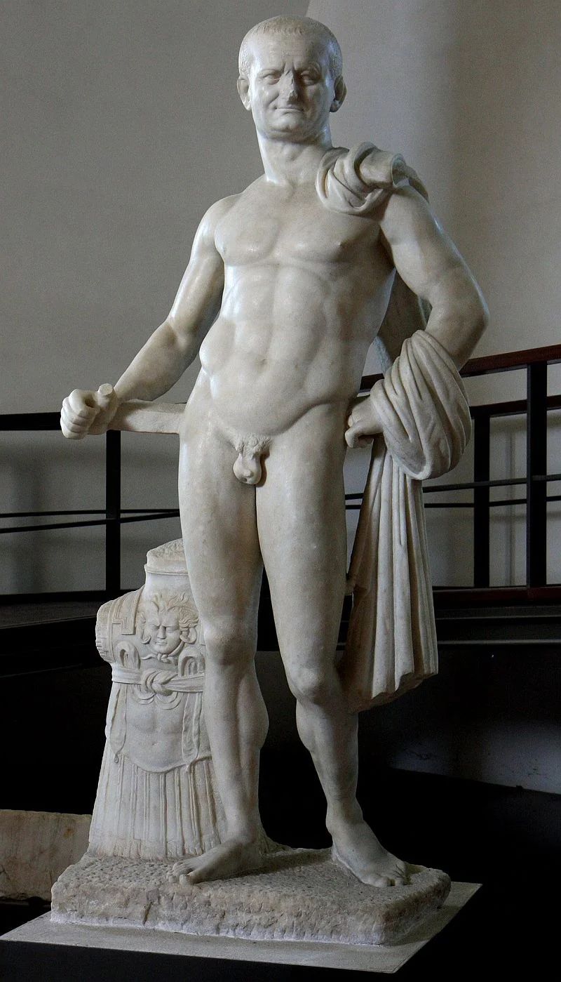 A marble statue of emperor Vespasian who was depicted as a hero. The object was found in the remains of the sanctuary Sodales Augustales in Misenum (present-day Bacoli, Italy).jpg