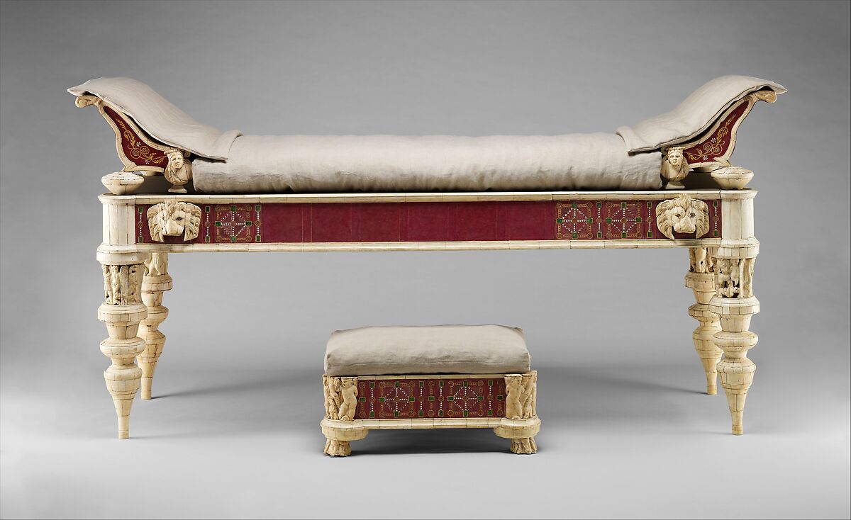 Recreation of a Roman - couch and footstool reassembled from fragments (1st century to 2nd century CE), possibly from the villa of Emperor Lucius Verus (r. 161 to 169).jpg