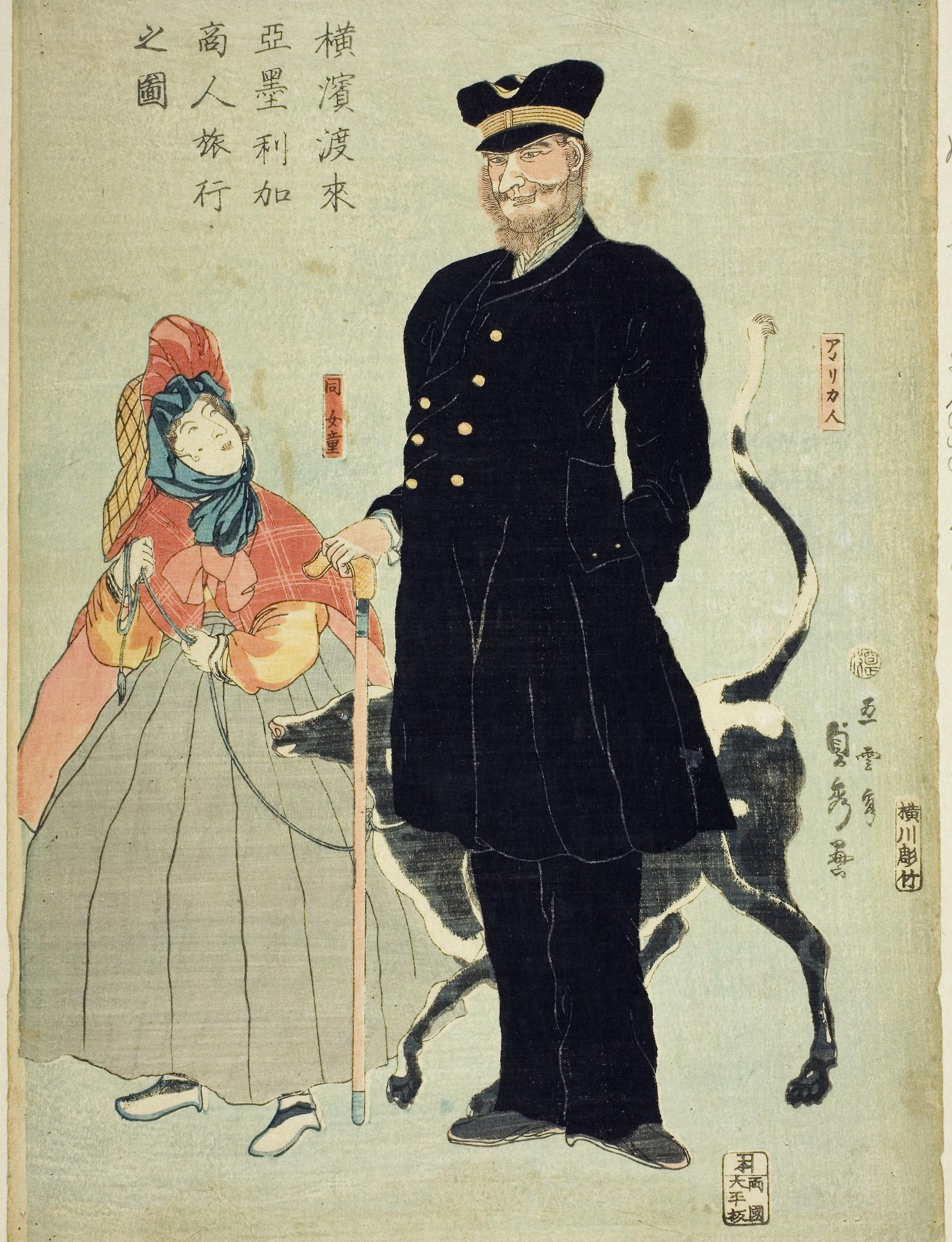 An American merchant with his daughter and dog. Woodblock print by Utagawa Sadahide. Japan, Edo period, 1861.jpg