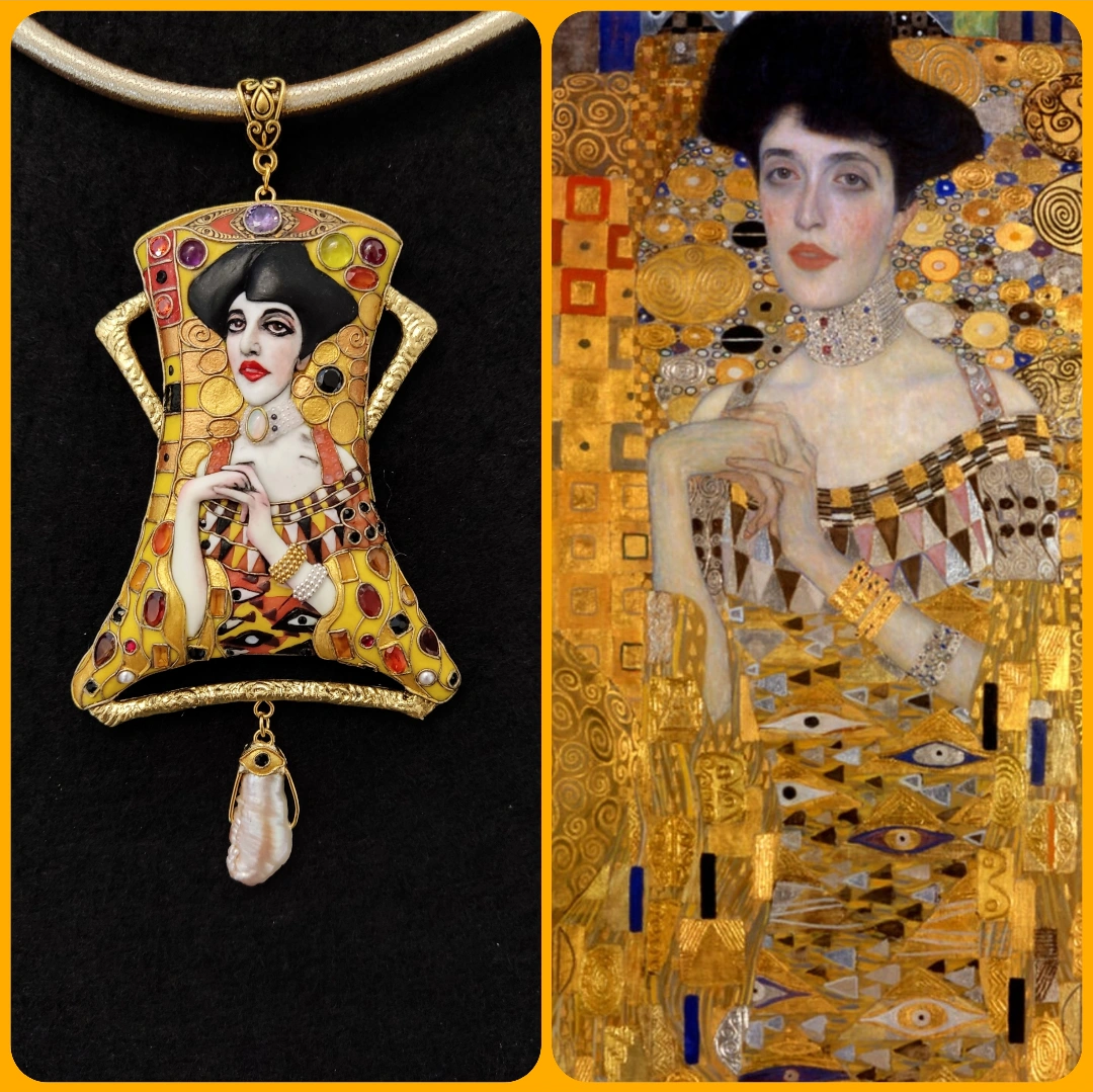 Lara Kozlova. Golden Adele necklace, polymer clay, precious stones, 2023.png