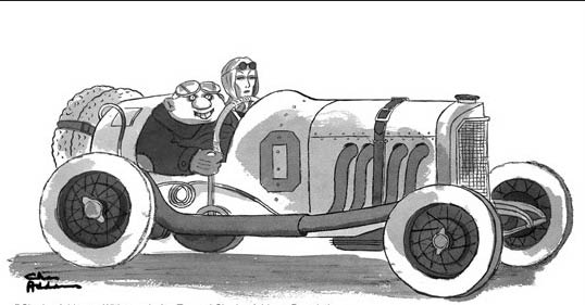 Charles Addams based this cartoon 'Uncle Fester prepares to go racing with Morticia' on his 1927 Mercedes.jpg