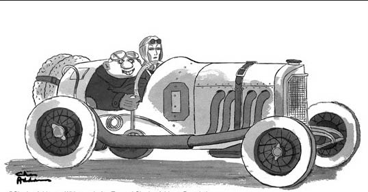 Charles Addams based this cartoon 'Uncle Fester prepares to go racing with Morticia' on his 1927 Mercedes.jpg