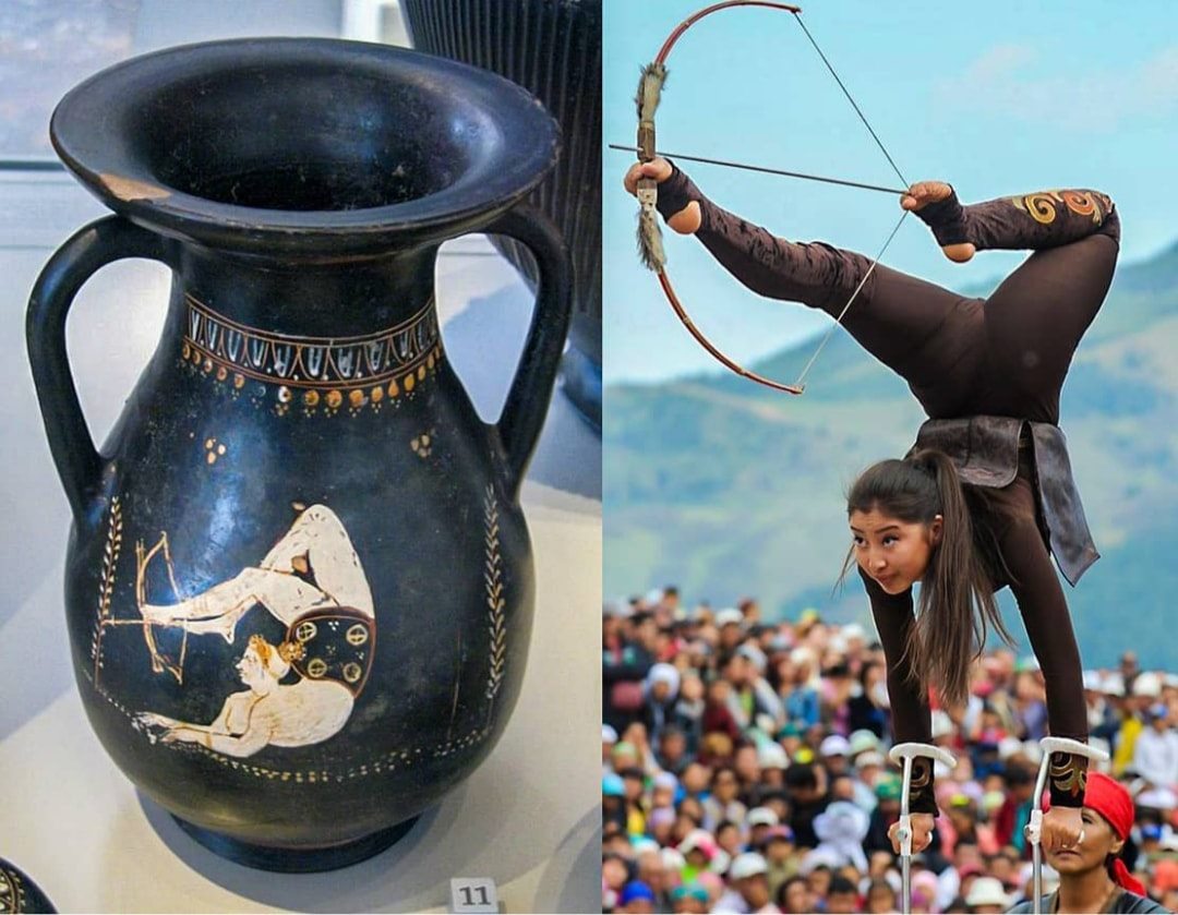 Ancient Greek Pelike' (4th Century BC), depicting a woman acrobat shooting an arrow with her feet. Second image shows an acrobatic archer at the 2016, World Nomad Games held in Kyrgyzstan.jpg