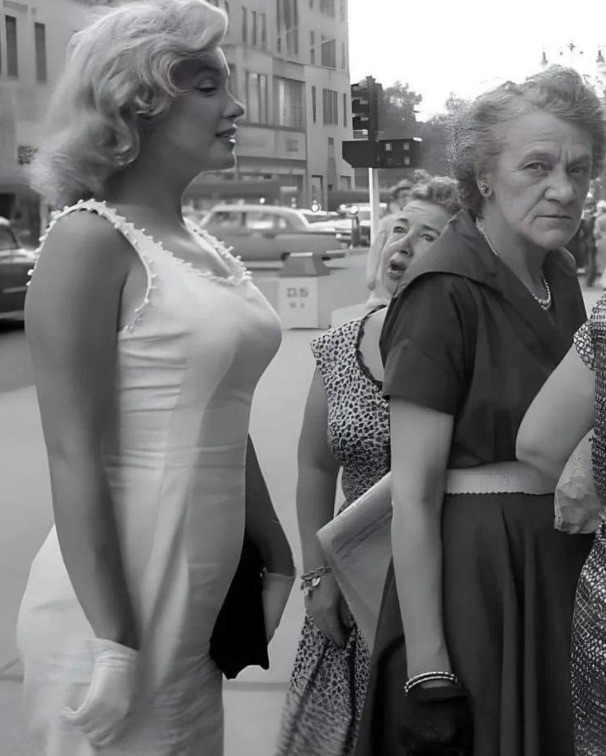 Marilyn Monroe wait in line for a New York hotdog 1957.jpg