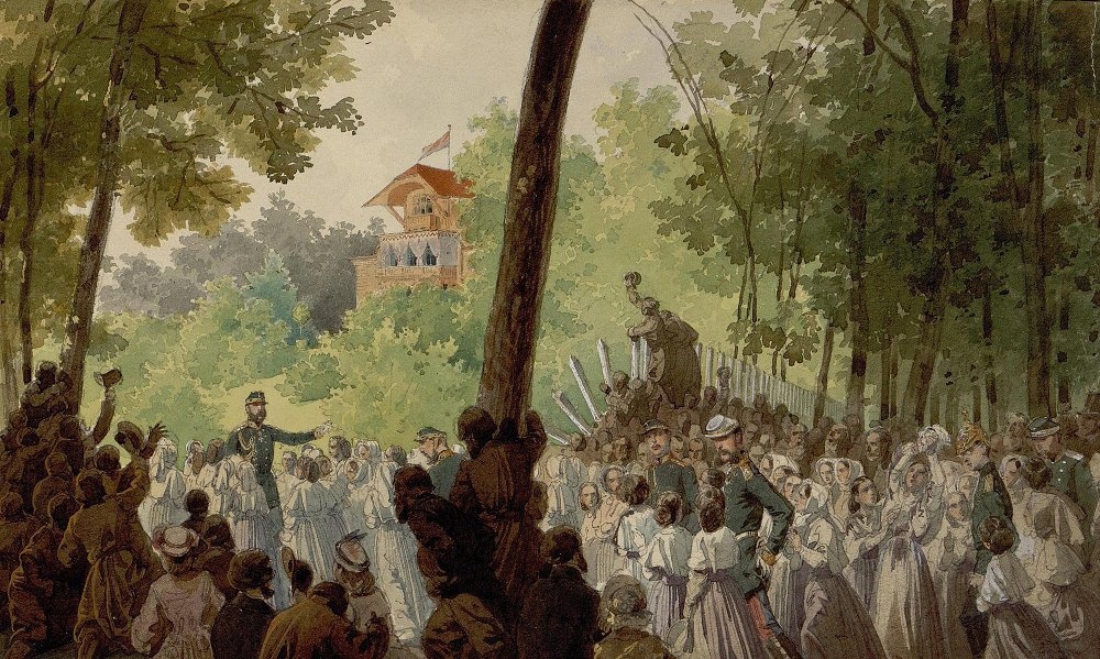 Зичи. Большая группа народа окружает и приветствует Александра II (цикл Военные манёвры в Красном Селе 1865).jpg