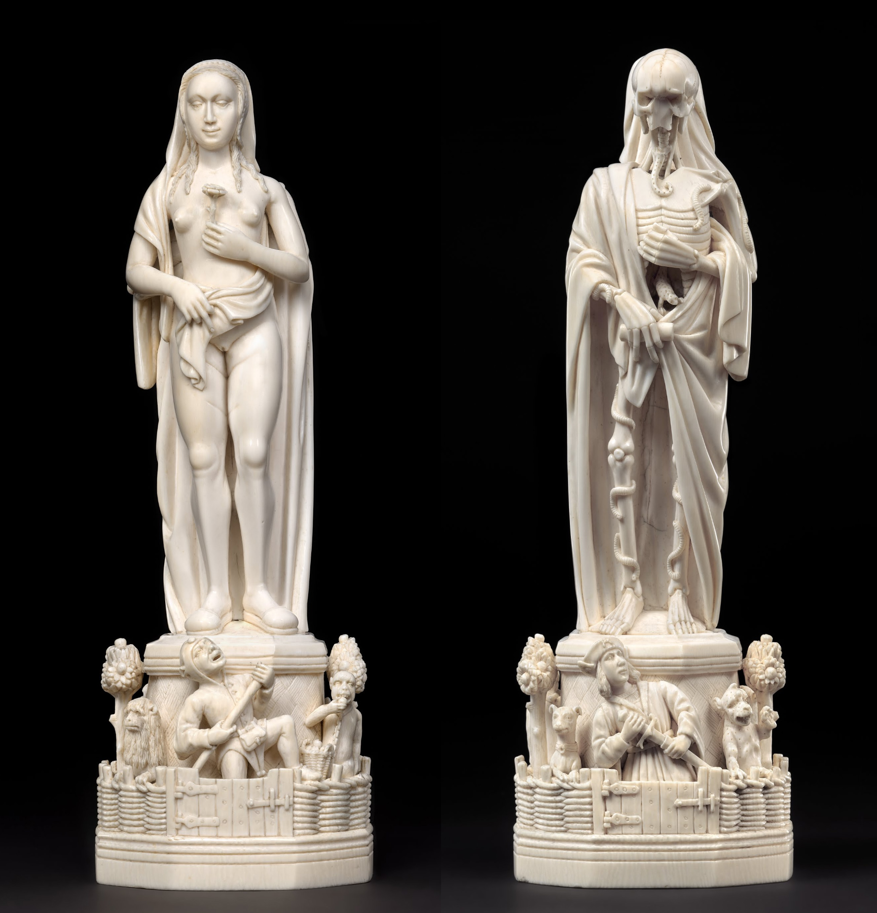 Ivory figure shaped like a young woman on one side, and Death on the other. Attributed to Chicart Bailly. Paris, France, around 1520.jpg