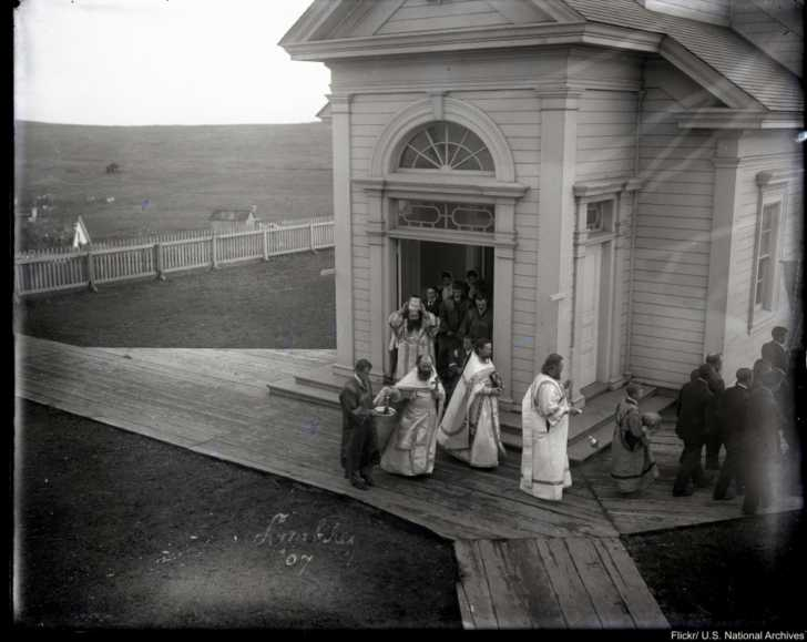 Procession Leaving St Paul Church. Pribilof Islands, Alaska. 1907.png