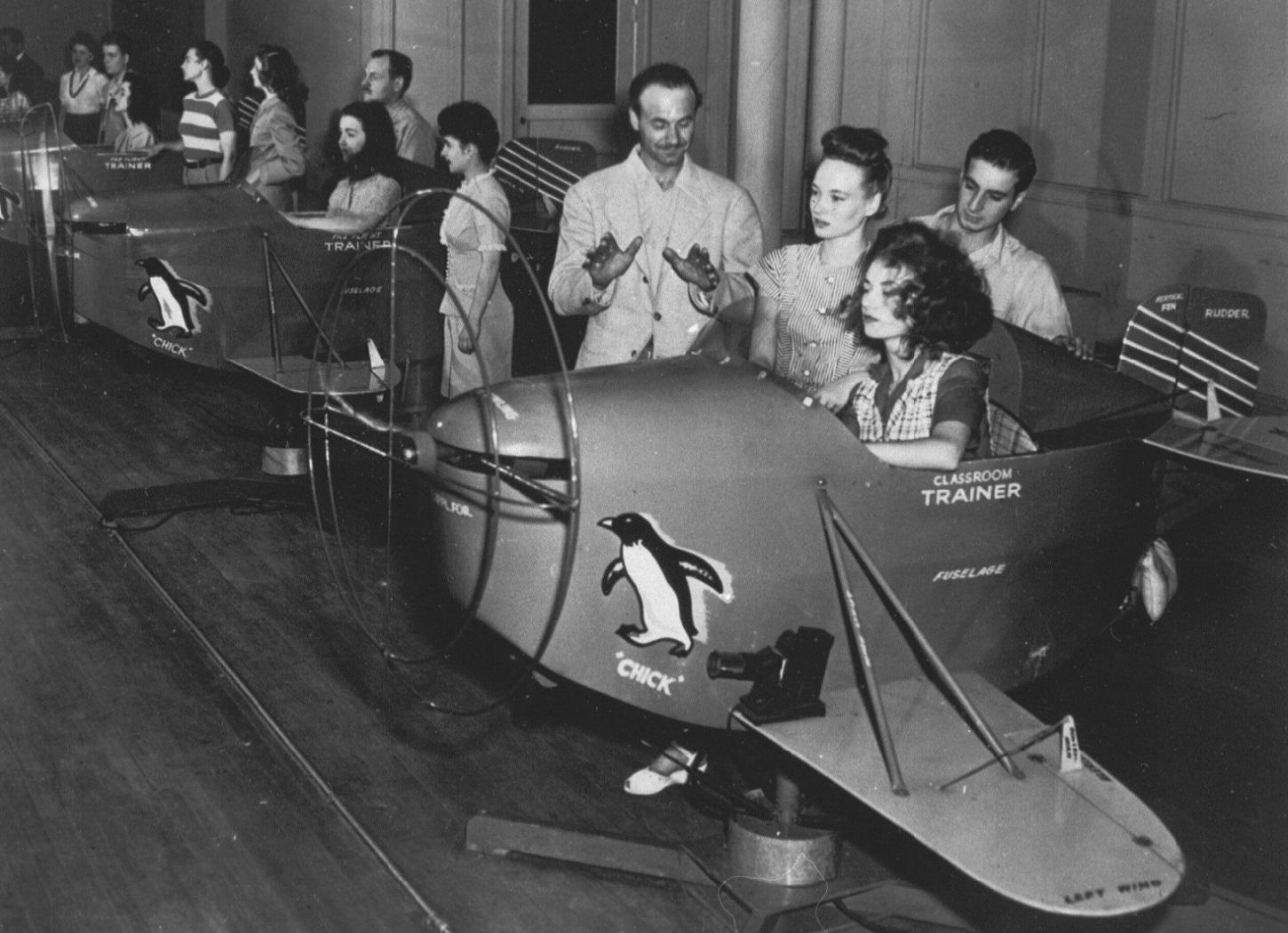 Student pilots in Chicago in Penguin flight simulators in 1945.jpg