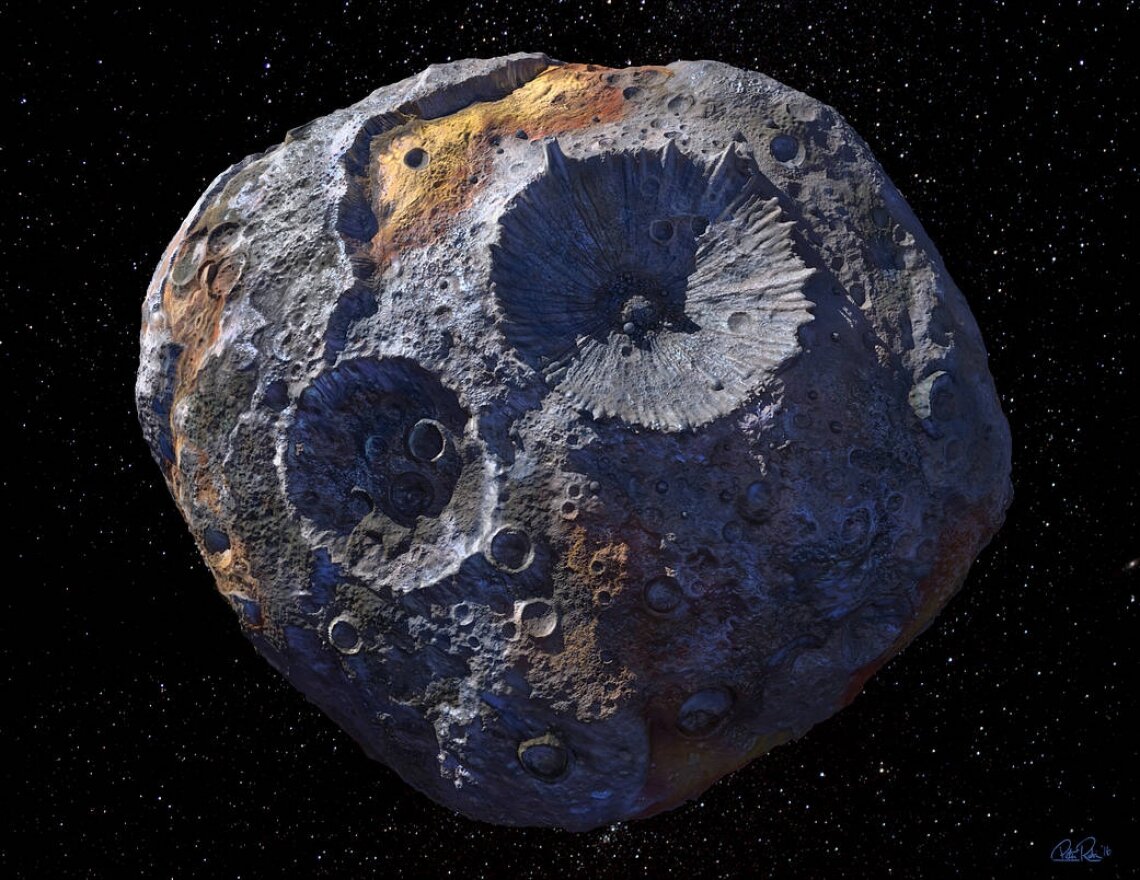 Asteroid 16 Psyche could be an exposed core of an ancient planet, which its crust and mantle stripped away by collision. (Credits Maxar-ASU-P.Rubin-NASA-JPL-Caltech).jpg